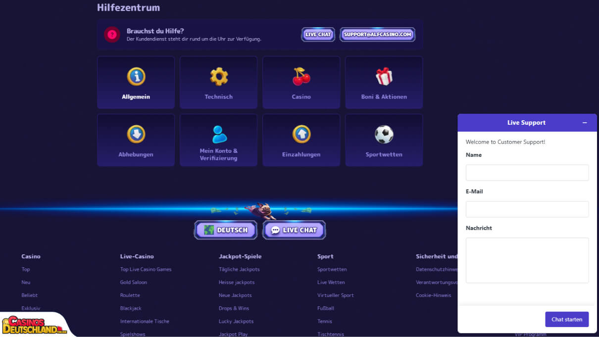 Alf Casino Unterstützung