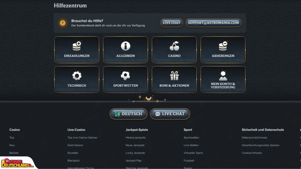 AstroMania Casino Unterstützung