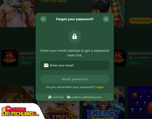 Betsixty Casino Problem beim Einloggen