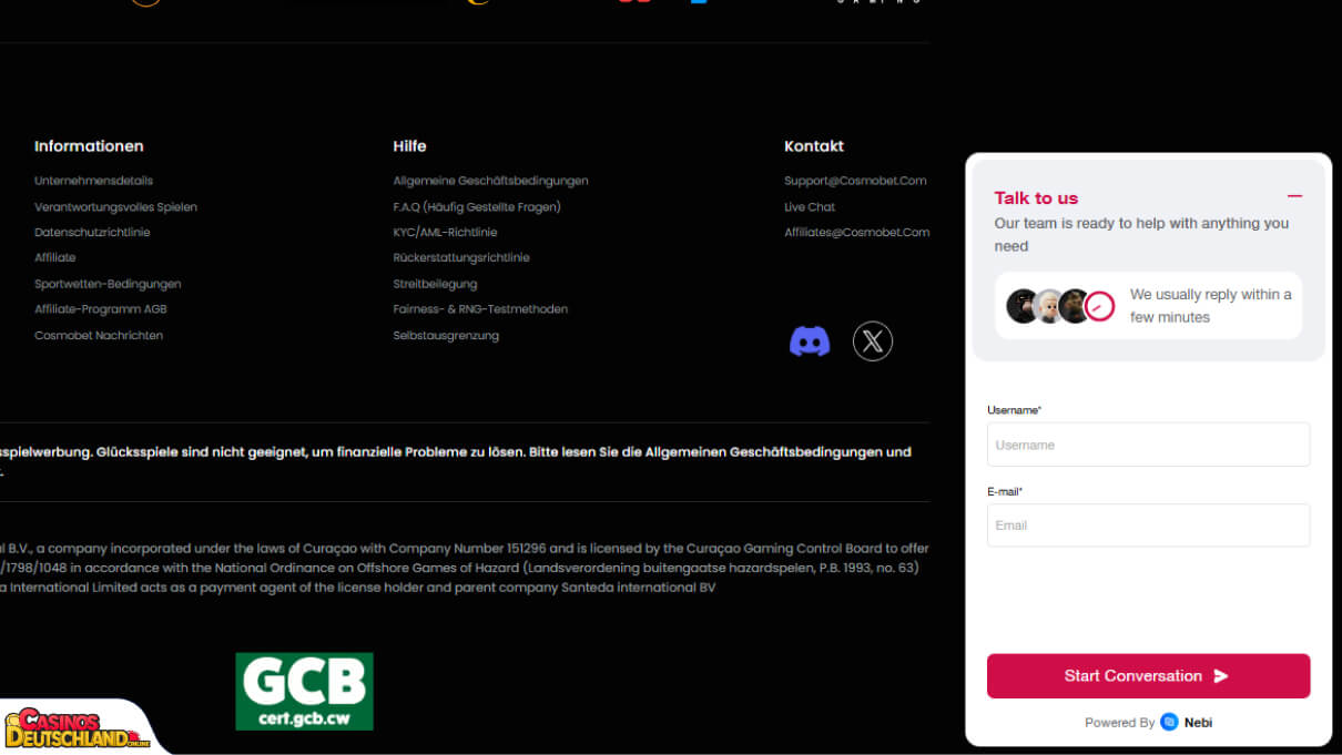 CosmoBet Casino Unterstützung