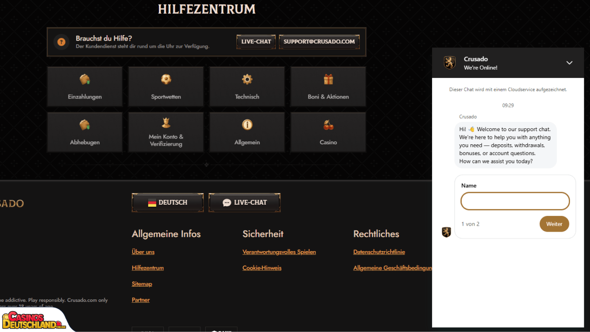 Crusado Casino Unterstützung