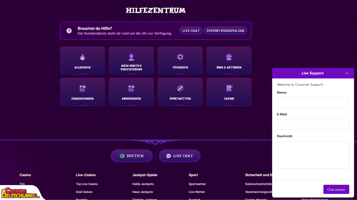 DuoSpin Casino Unterstützung