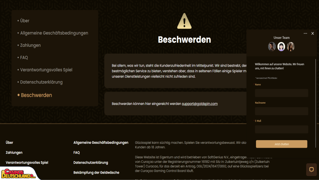 GoldSpin Casino Unterstützung