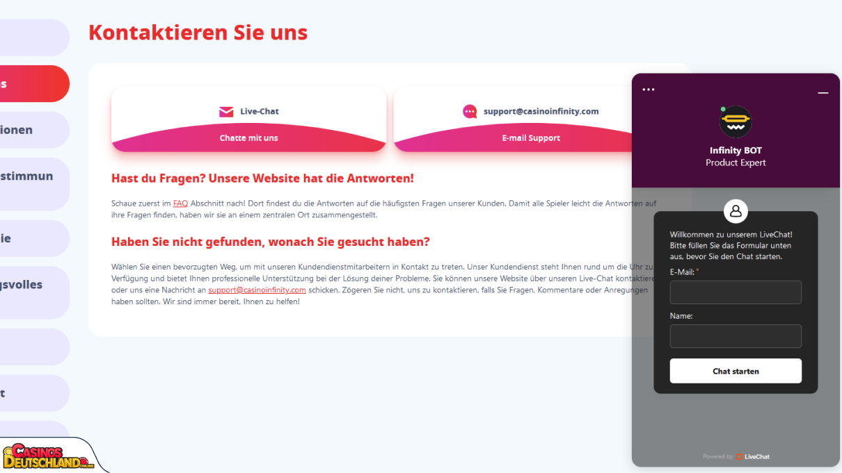 Infinity Casino Unterstützung
