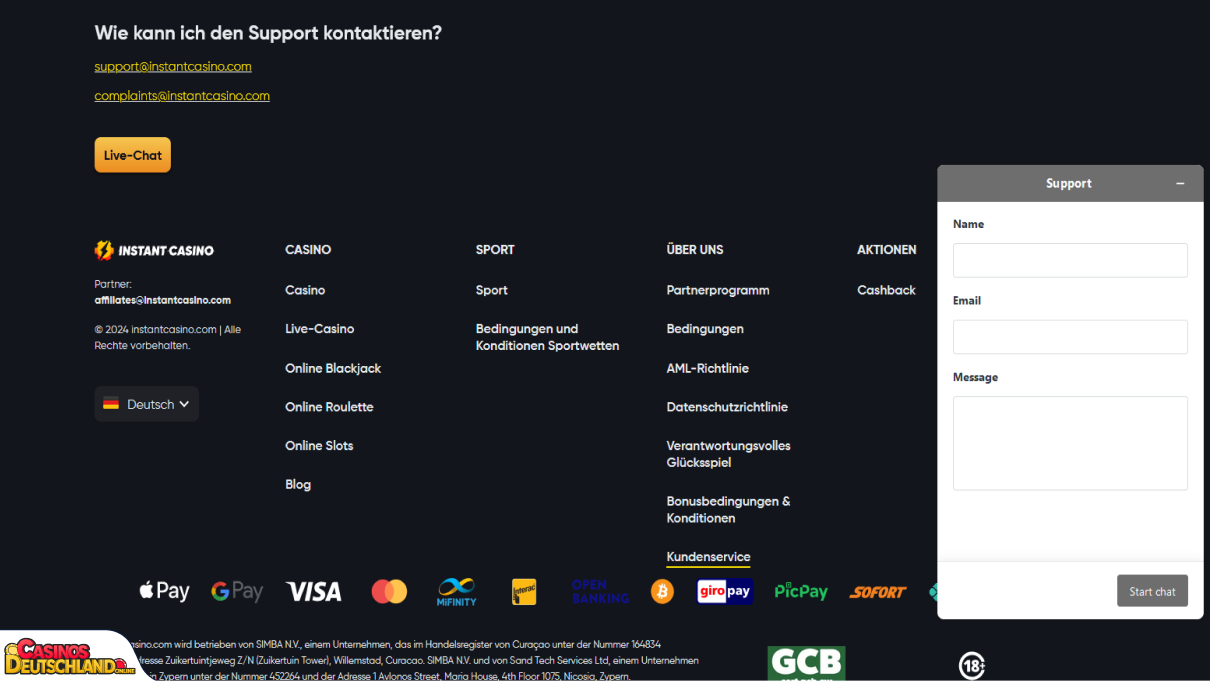 Instant Casino Unterstützung