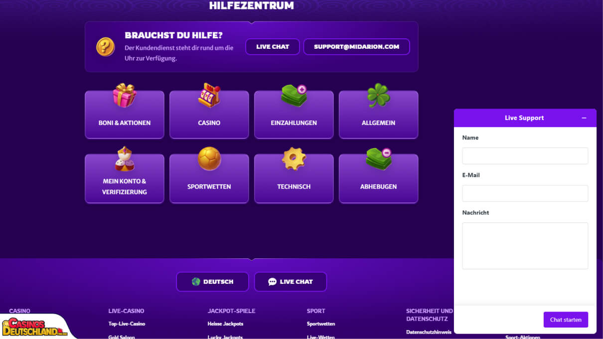 Midarion Casino Unterstützung