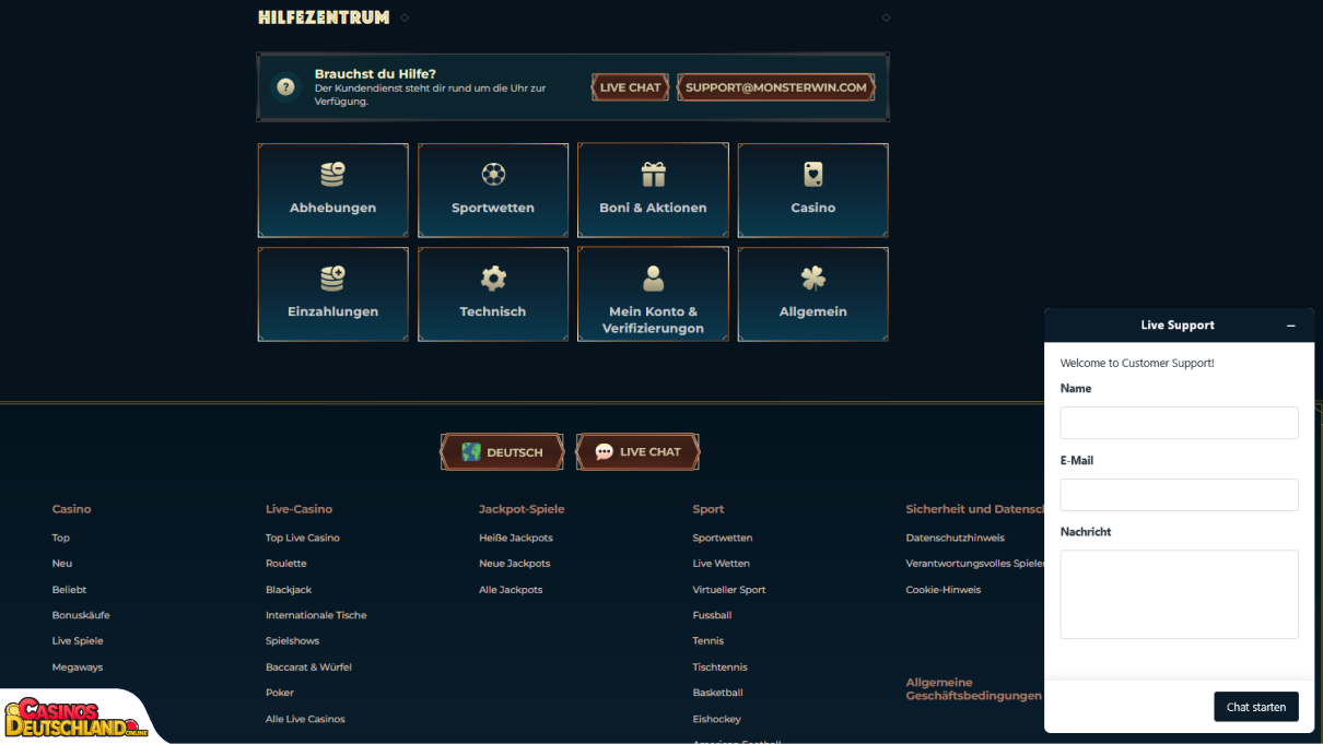 MonsterWin Casino Unterstützung