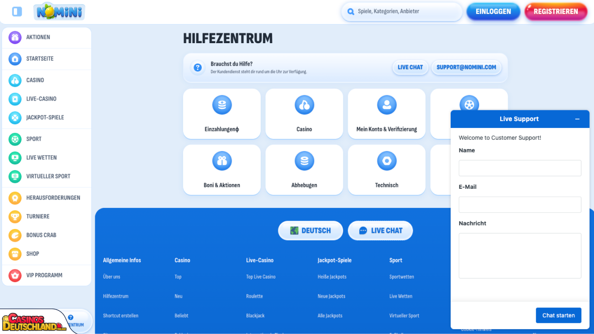 Nomini Casino Unterstützung
