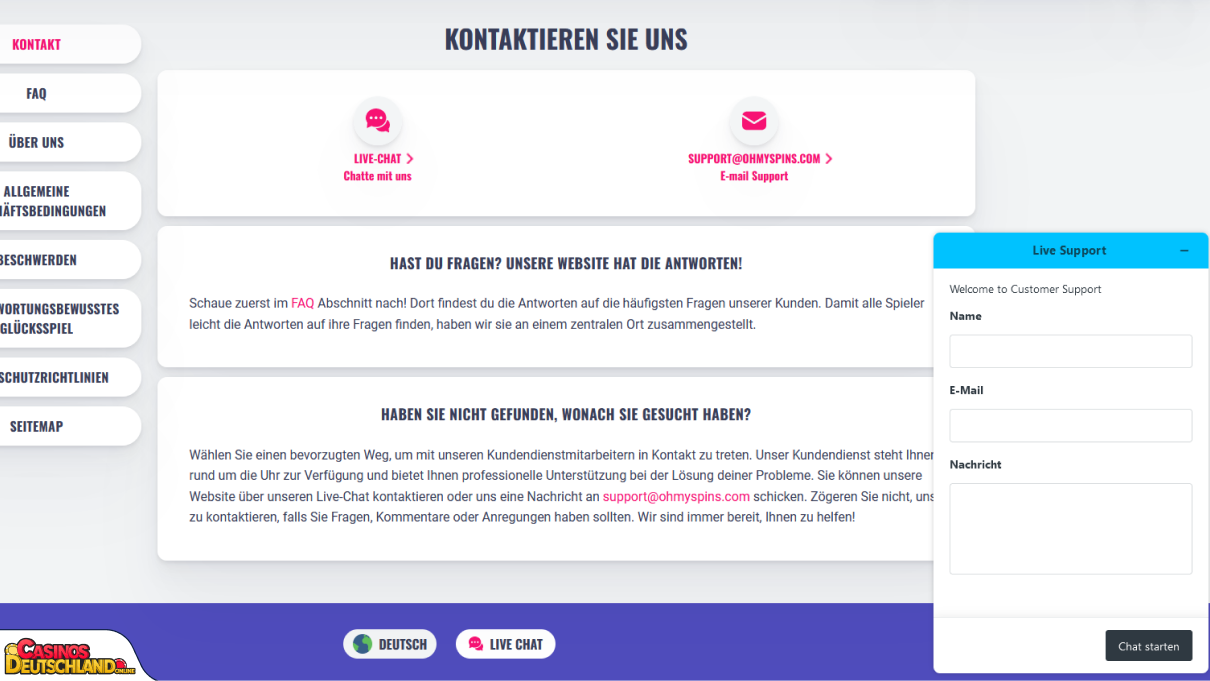 OhMySpins Casino Unterstützung
