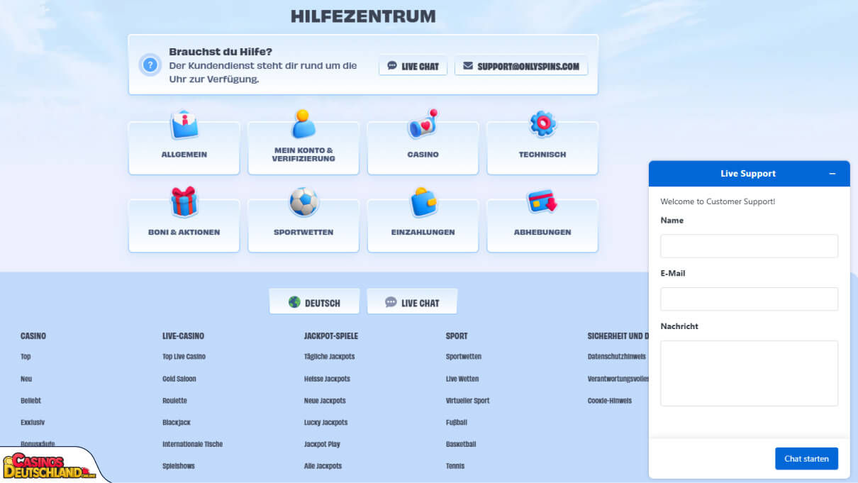 OnlySpins Casino Unterstützung
