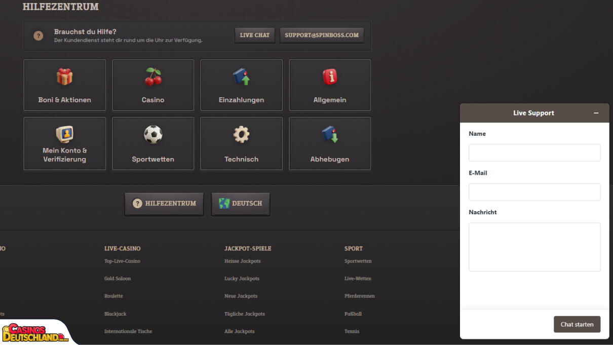 SpinBoss Casino Unterstützung