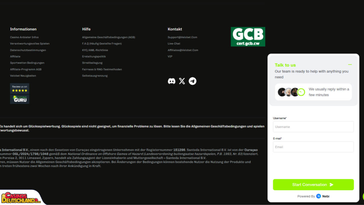 Velobet Casino Unterstützung