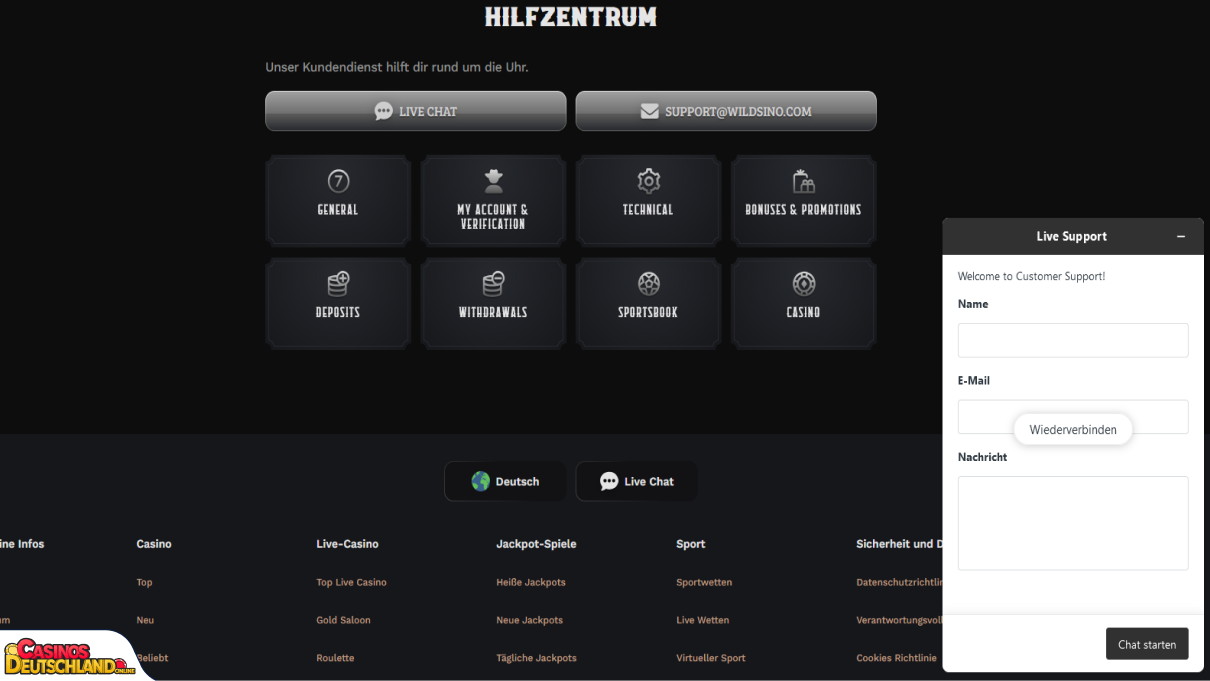 Wildsino Casino Unterstützung