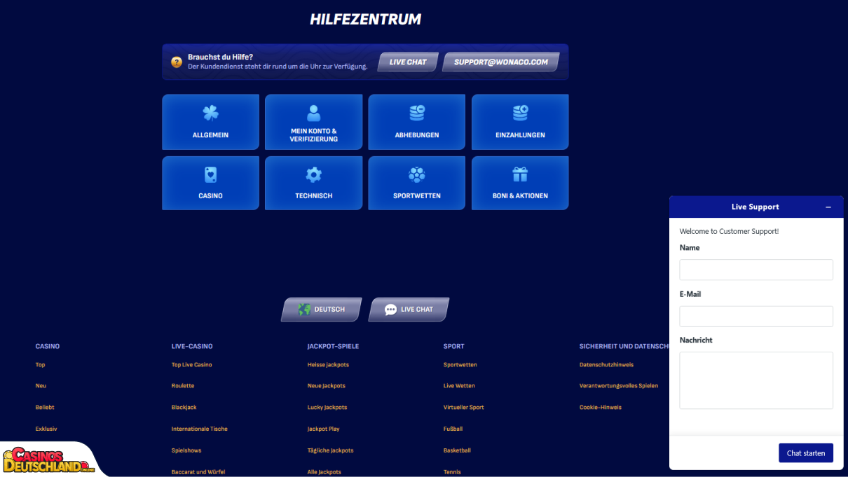 Wonaco Casino Unterstützung