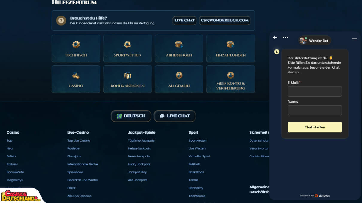 WonderLuck Casino Unterstützung